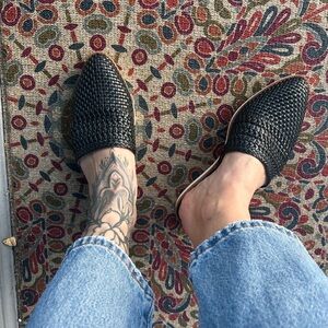 Black Woven Slip-On Mules